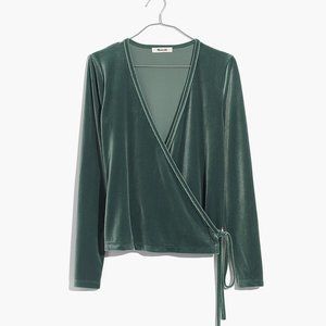 MADEWELL Velvet Ballet Wrap Top Green Size S Surplice Neck Long Sleeve